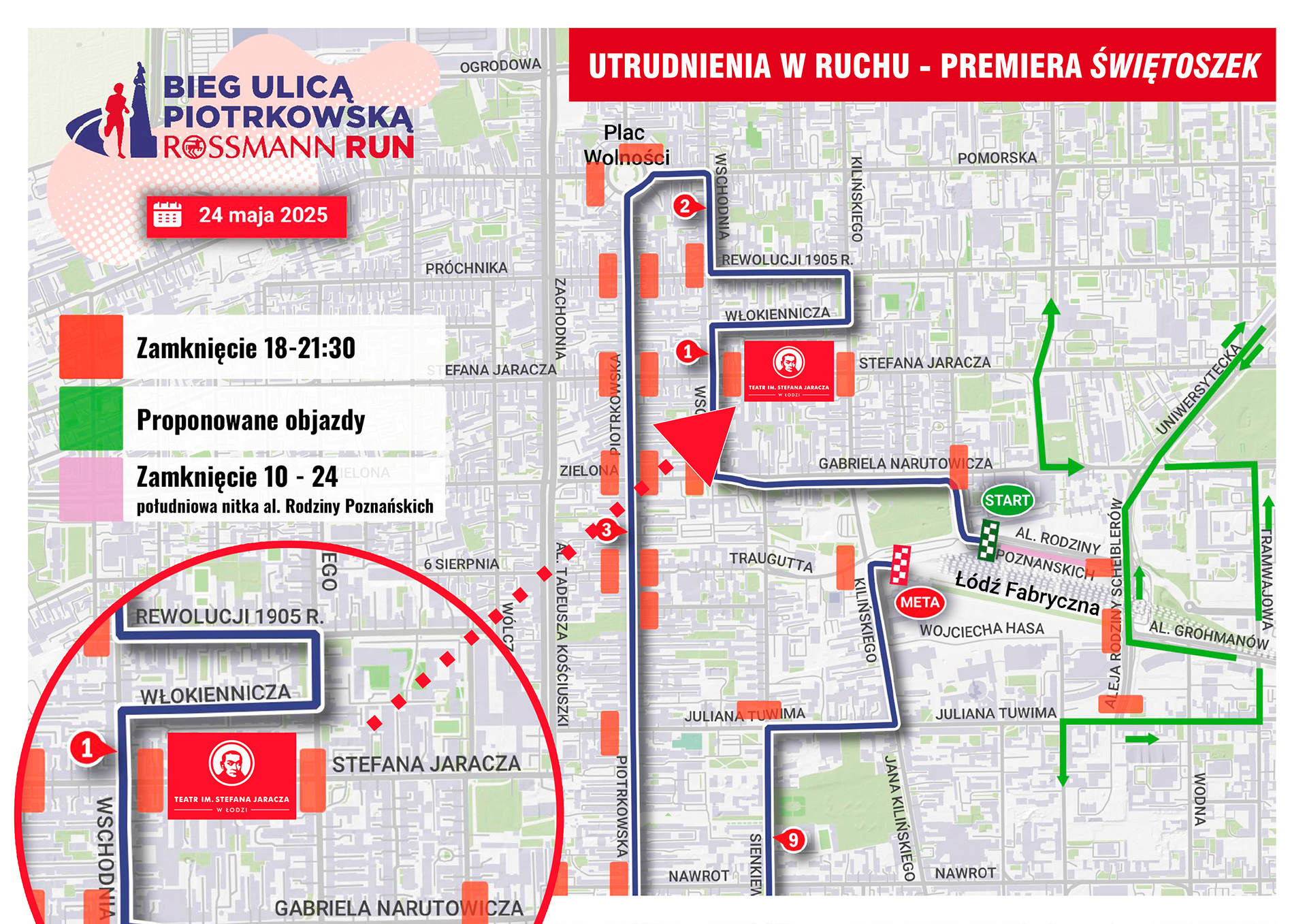 Grafika przedstawia mapkę z utrudnieniami w ruchu drogowym w okolicach Teatru im. Stefana Jaracza w Łodzi w dniu 24 maja 2025 roku 