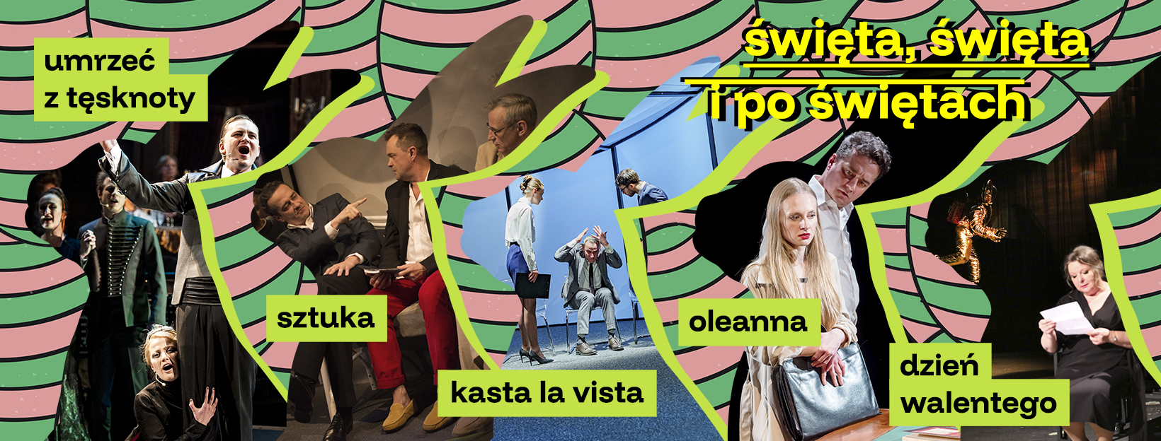 grafika przedstawia obraz z pisankami w tle. W kształtach królików umieszczone są zdjęcia ze spektakli - Umrzeć z tęsknoty, Sztuka, Kasta la vista, Oleanna i Dzień Walentego. Na górze znajduje się napis: święta, święta i po świętach. Grafika jest kolorowa, napis jest żółty. 