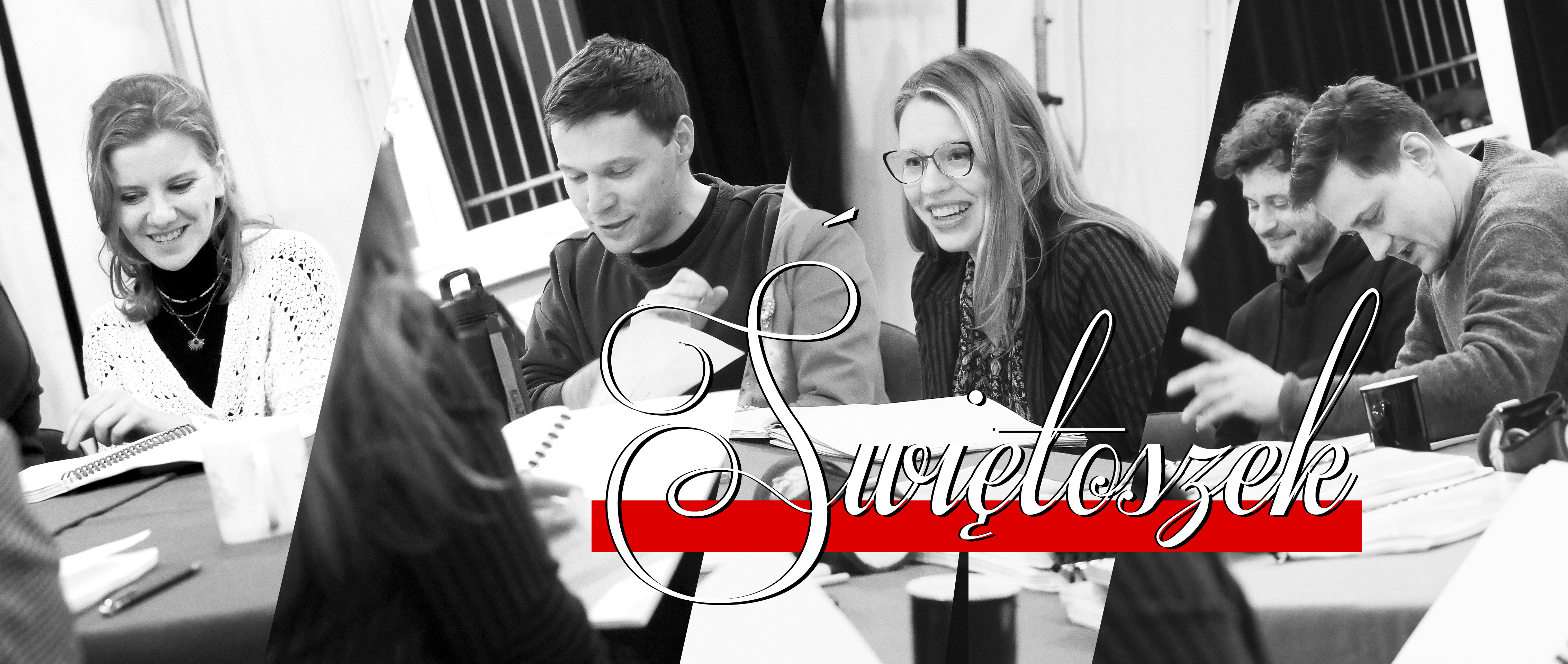 obraz przedstawia kolaż zdjęć. Na pierwszym od lewej znajduje się aktorka Sara Lityńska, na kolejnym aktor Łukasz Stawowczyk, na trzecim aktorka Matylda Paszczenko, na czwartym aktor Marek Nędza i aktor Marcin Włodarski. Po środku, bliżej prawej strony, widnieje napis Świętoszek podkreślony grubą czerwoną kreską