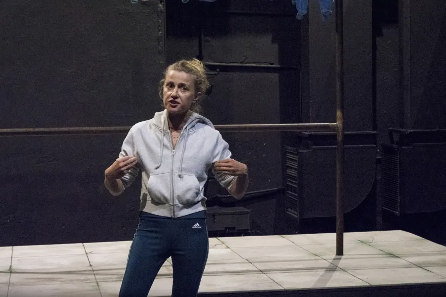 Zdjęcie przedstawia drugą próbę do spektaklu „Ifigenia ze Splott”. Agnieszka Skrzypczak stoi po lewej stronie fotografii. Ręce ma podniesione na wysokość bioder. Wskazuje na siebie obiema dłońmi. Prawą nogę ma wysuniętą w bok. Głowę ma skierowaną w prawą stronę, aczkolwiek patrzy w lewo. Aktorka ma otwarte usta. Za aktorką, widać fragment scenografii osiedlowego trzepaka na podeście. Nad aktorką widać fragment czterech sztuk błękitnej odzieży, która jest zawieszona na górnej poprzeczce trzepaka.