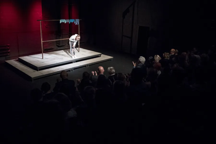 Zdjęcie przedstawia premierę spektaklu „Ifigenia ze Splott”. Agnieszka Skrzypczak znajduje się w lewym górnym rogu fotografii. Aktorka kłania się przed widownią, prawą rękę ma przyłożoną do brzucha. Stoi na podeście, za nią widać scenografię trzepaka. Na górnej poprzeczce trzepaka wisi błękitna odzież. Aktorka i scena są oświetlone światłem reflektora. W dolnej połowie fotografii siedzi widownia, która patrzy na aktorkę i oklaskuje ją. Na niektóre osoby w pierwszym rzędzie pada światło.