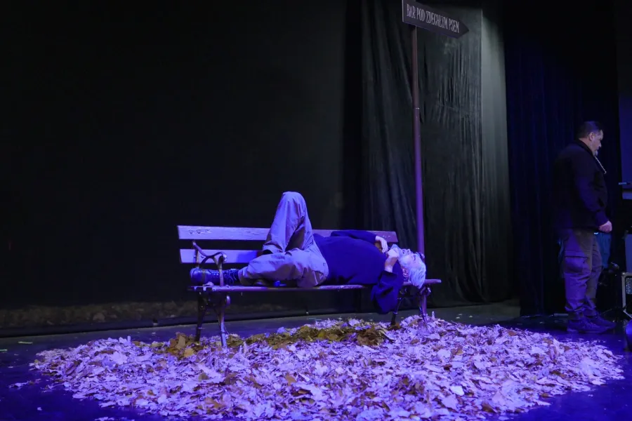 zdjęcie przedstawia scenę teatralną w Miejskim Domu Kultury w Radomsku. Na scenie znajduje się ławka, pod nią rozrzucone suche liście. Na ławce leży aktor. 