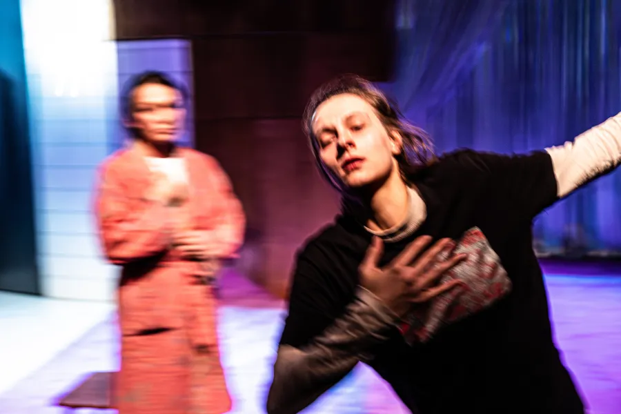 Zdjęcie ze spektakli „Czas na wielki numer". Na fotografii na pierwszym planie widać aktorkę Natalię Klepacką. Prawą ręką trzyma się za serce, lewą ma wyciągniętą w bok. Jest uchwycona w ruchu przypominającym taniec. W tle widać aktorkę Monikę Badowską, która stoi w kolorowym szlafroku, ma zamkniętą postawę, dłonie blisko ciała i obserwuje drugą aktorkę. Autorką zdjęcia jest Natalia Kabanow. 